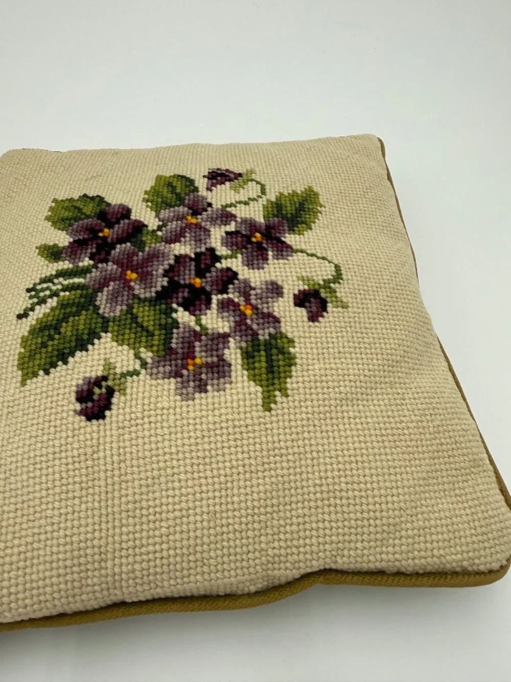 Vintage Needlepoint Floral Throw Pillow Velvet Back Square Cushion 10